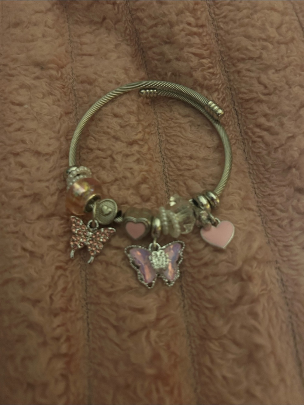 Silver Charm Bangle Bracelet with Pink Butterfly and Heart Charms